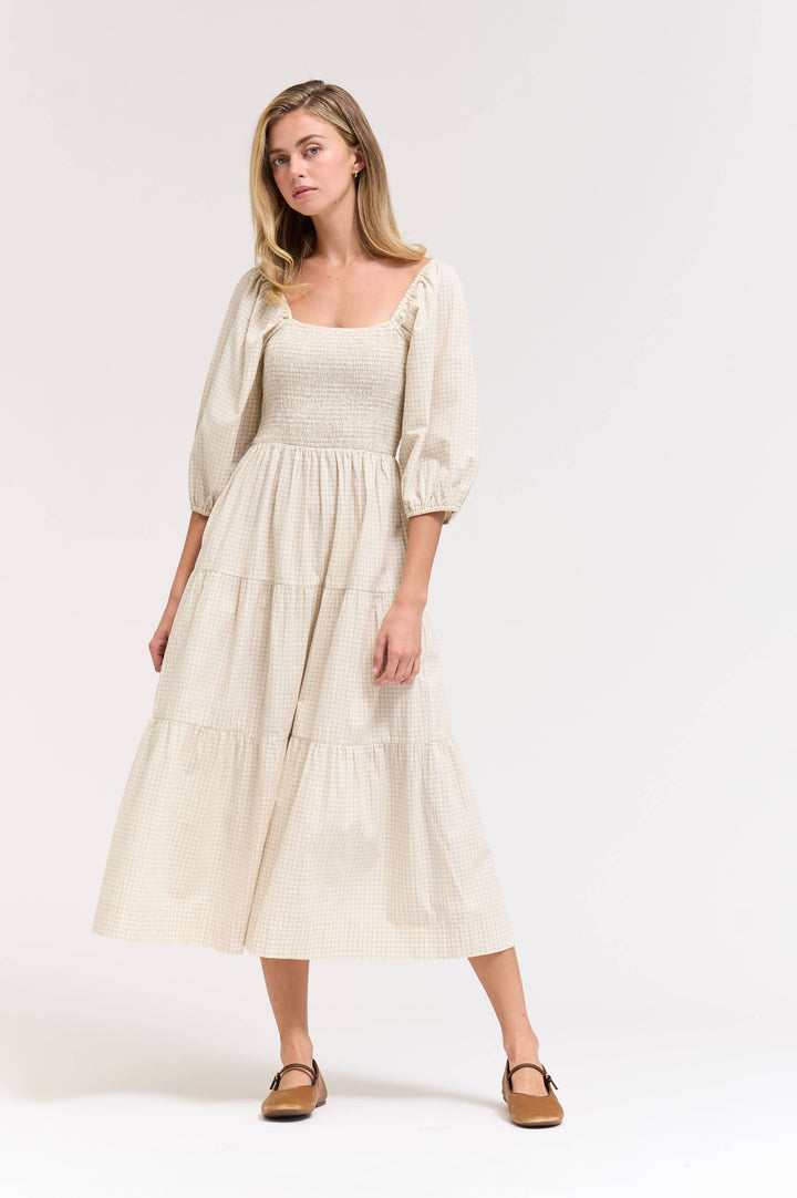 60578EP - SMOCKING TIERED MIDI PLAID DRESS: CHOCOLATE / Contemporary / L send a bouquet- the best flower delivery
