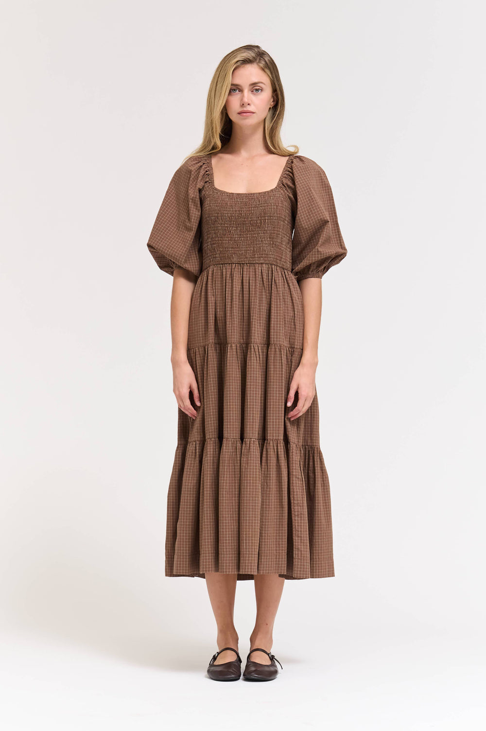 60578EP - SMOCKING TIERED MIDI PLAID DRESS: CHOCOLATE / Contemporary / L send a bouquet- the best flower delivery