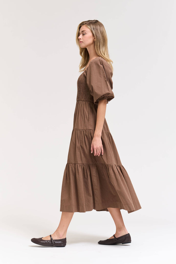60578EP - SMOCKING TIERED MIDI PLAID DRESS: CHOCOLATE / Contemporary / L send a bouquet- the best flower delivery