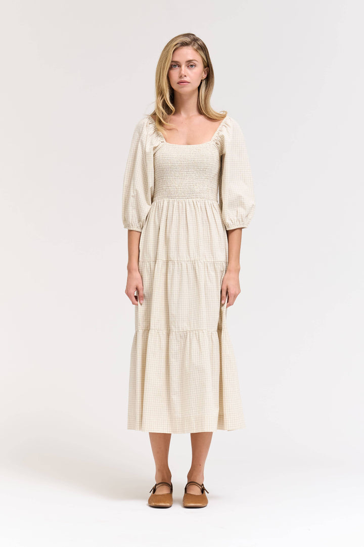 60578EP - SMOCKING TIERED MIDI PLAID DRESS: CHOCOLATE / Contemporary / L send a bouquet- the best flower delivery