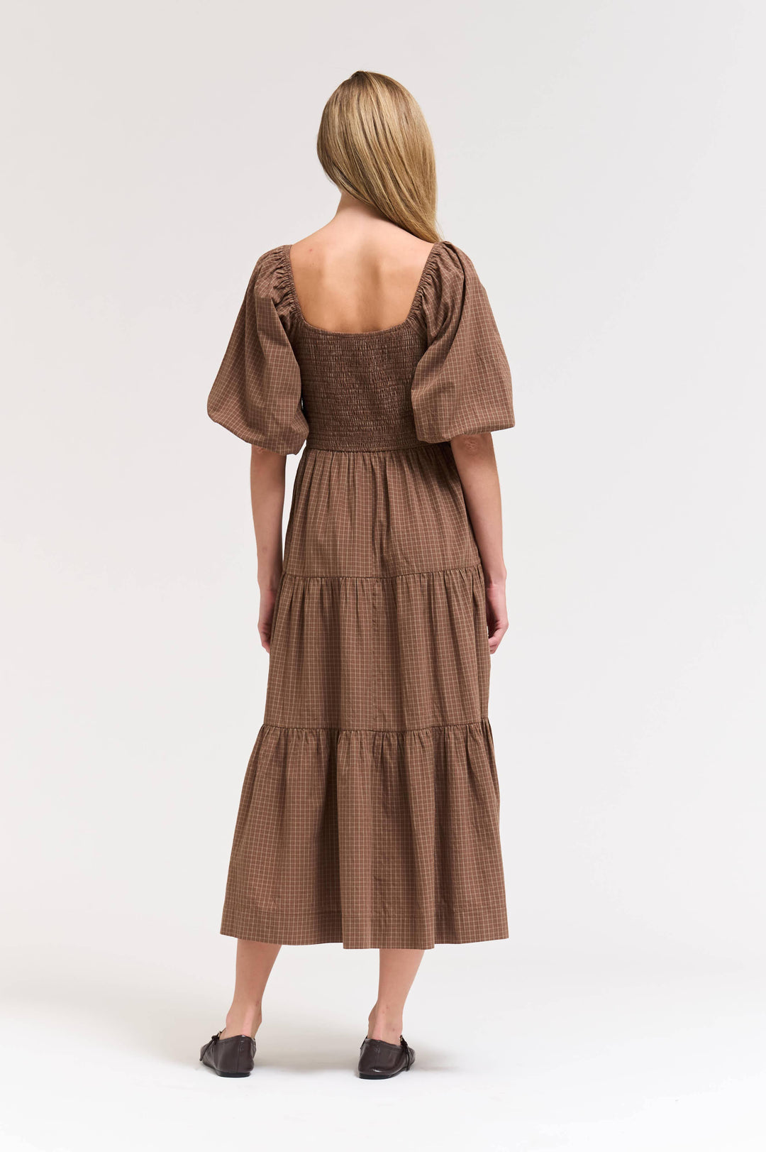 60578EP - SMOCKING TIERED MIDI PLAID DRESS: CHOCOLATE / Contemporary / L send a bouquet- the best flower delivery