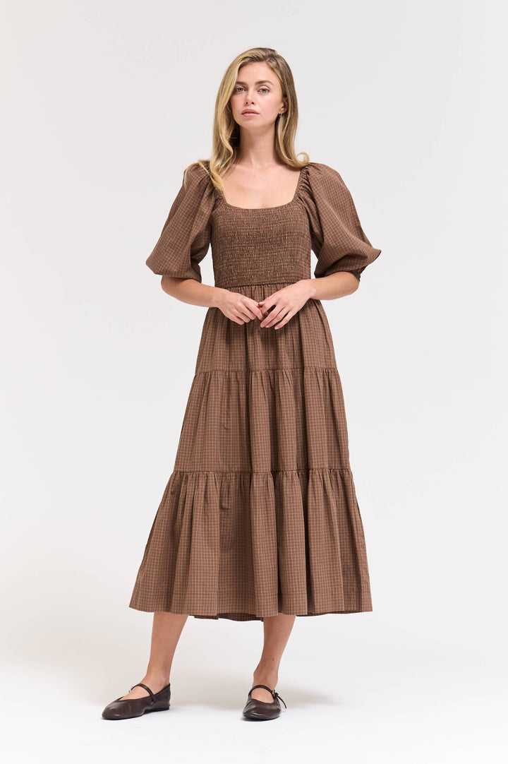 60578EP - SMOCKING TIERED MIDI PLAID DRESS: CHOCOLATE / Contemporary / M send a bouquet- the best flower delivery