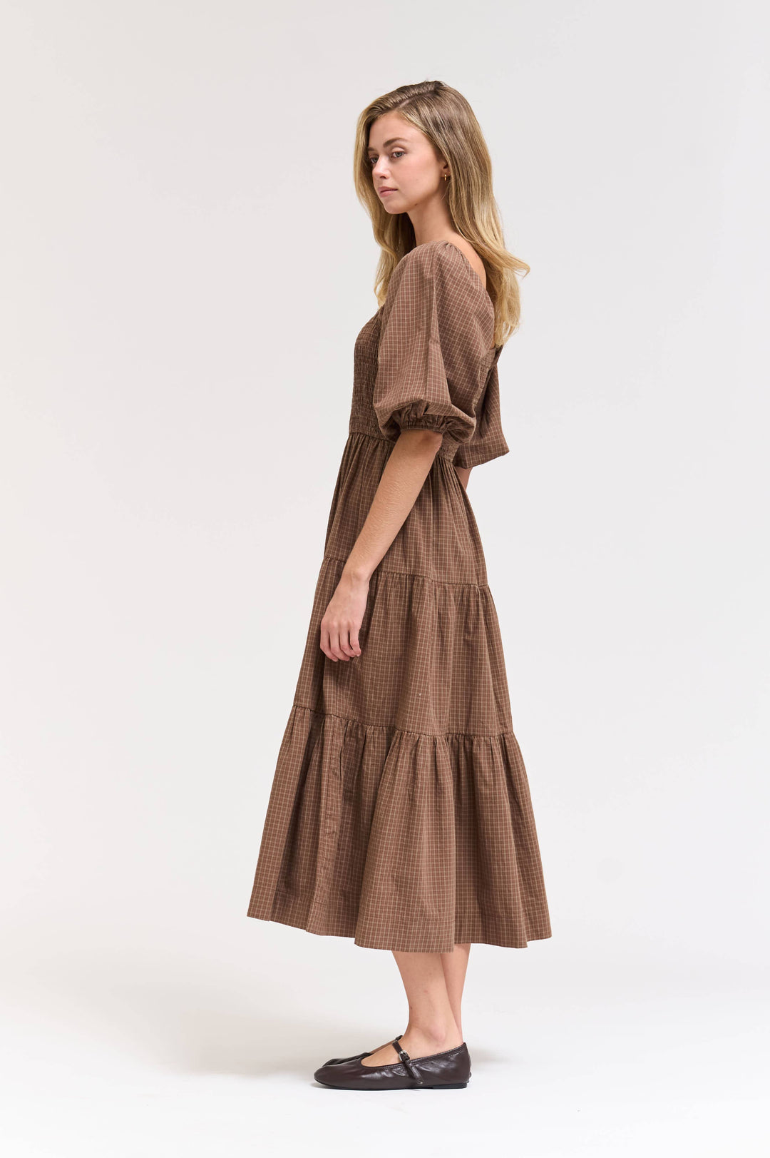 60578EP - SMOCKING TIERED MIDI PLAID DRESS: CHOCOLATE / Contemporary / S send a bouquet- the best flower delivery