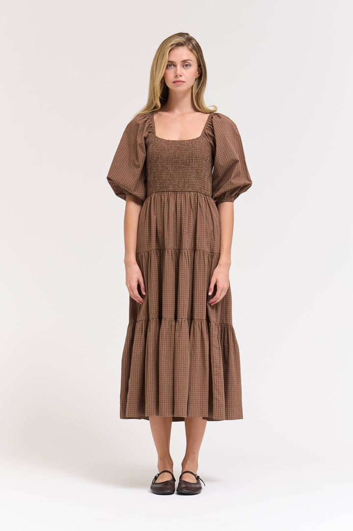 60578EP - SMOCKING TIERED MIDI PLAID DRESS: CHOCOLATE / Contemporary / S send a bouquet- the best flower delivery