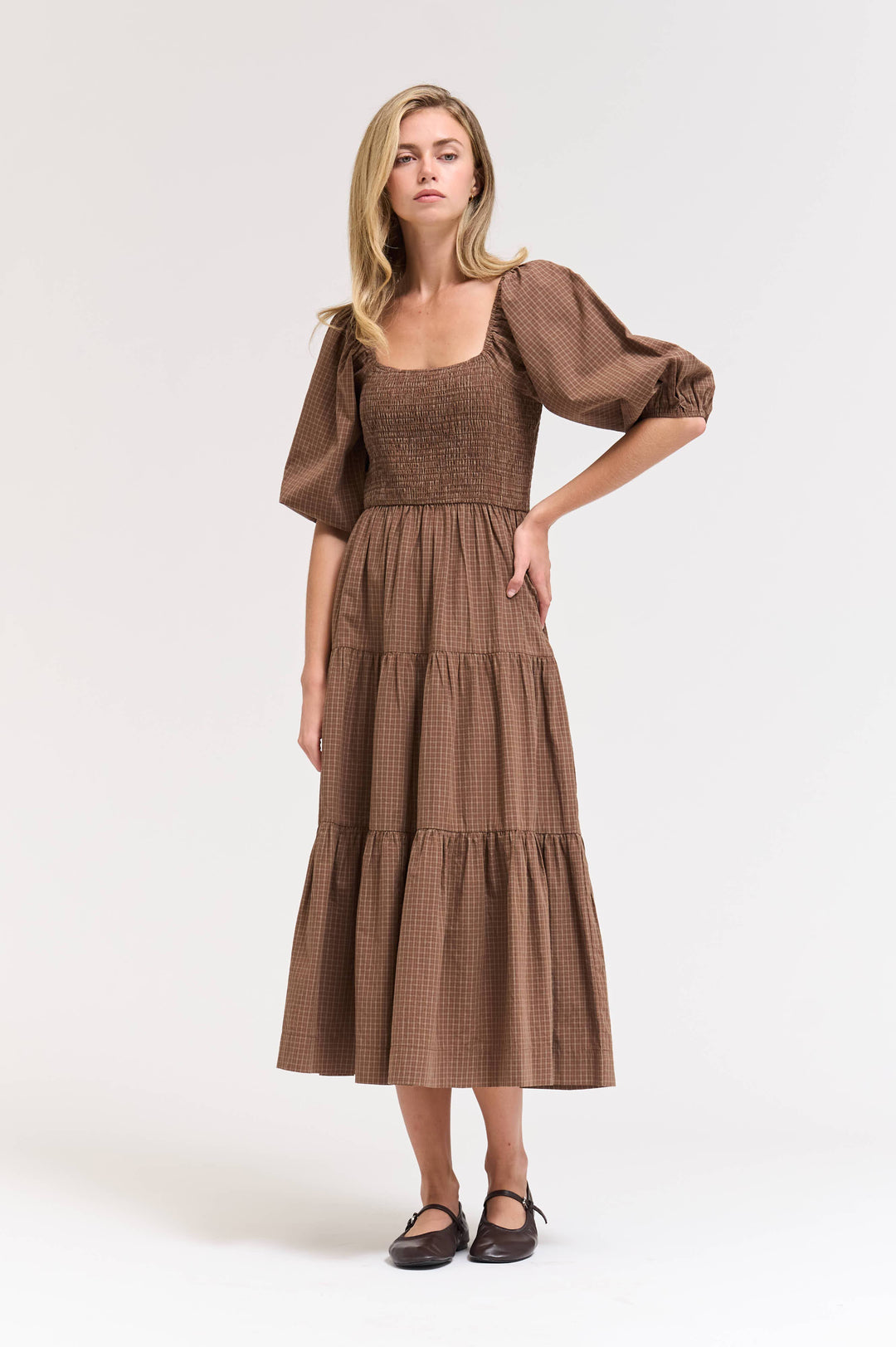 60578EP - SMOCKING TIERED MIDI PLAID DRESS: CHOCOLATE / Contemporary / S send a bouquet- the best flower delivery