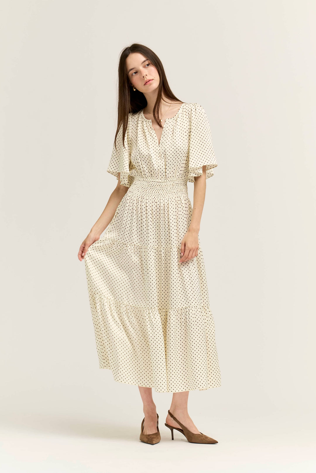 60845AZ - POLKA DOT PRINTED DRESS: IVORY CHOCO / Contemporary / M send a bouquet- the best flower delivery