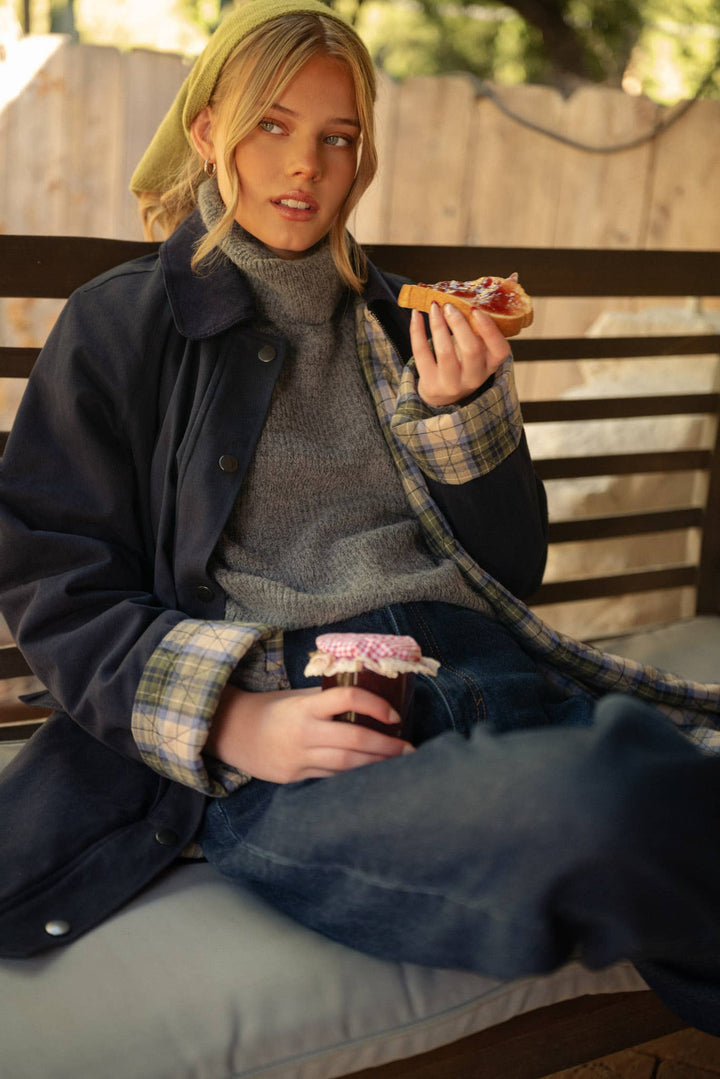 A-LINE BARN JACKET WITH CONTRAST PLAID MJK5253: Burgundy / L send a bouquet- the best flower delivery