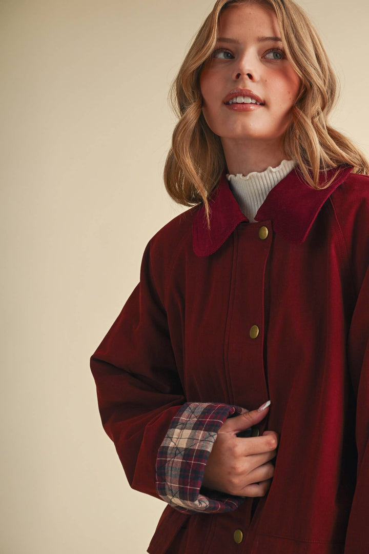 A-LINE BARN JACKET WITH CONTRAST PLAID MJK5253: Burgundy / L send a bouquet- the best flower delivery