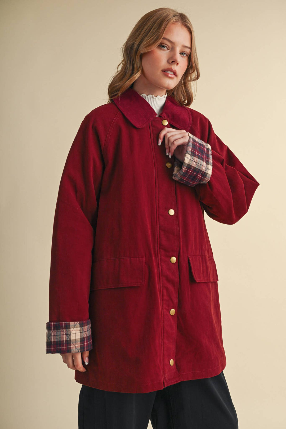 A-LINE BARN JACKET WITH CONTRAST PLAID MJK5253: Burgundy / M send a bouquet- the best flower delivery