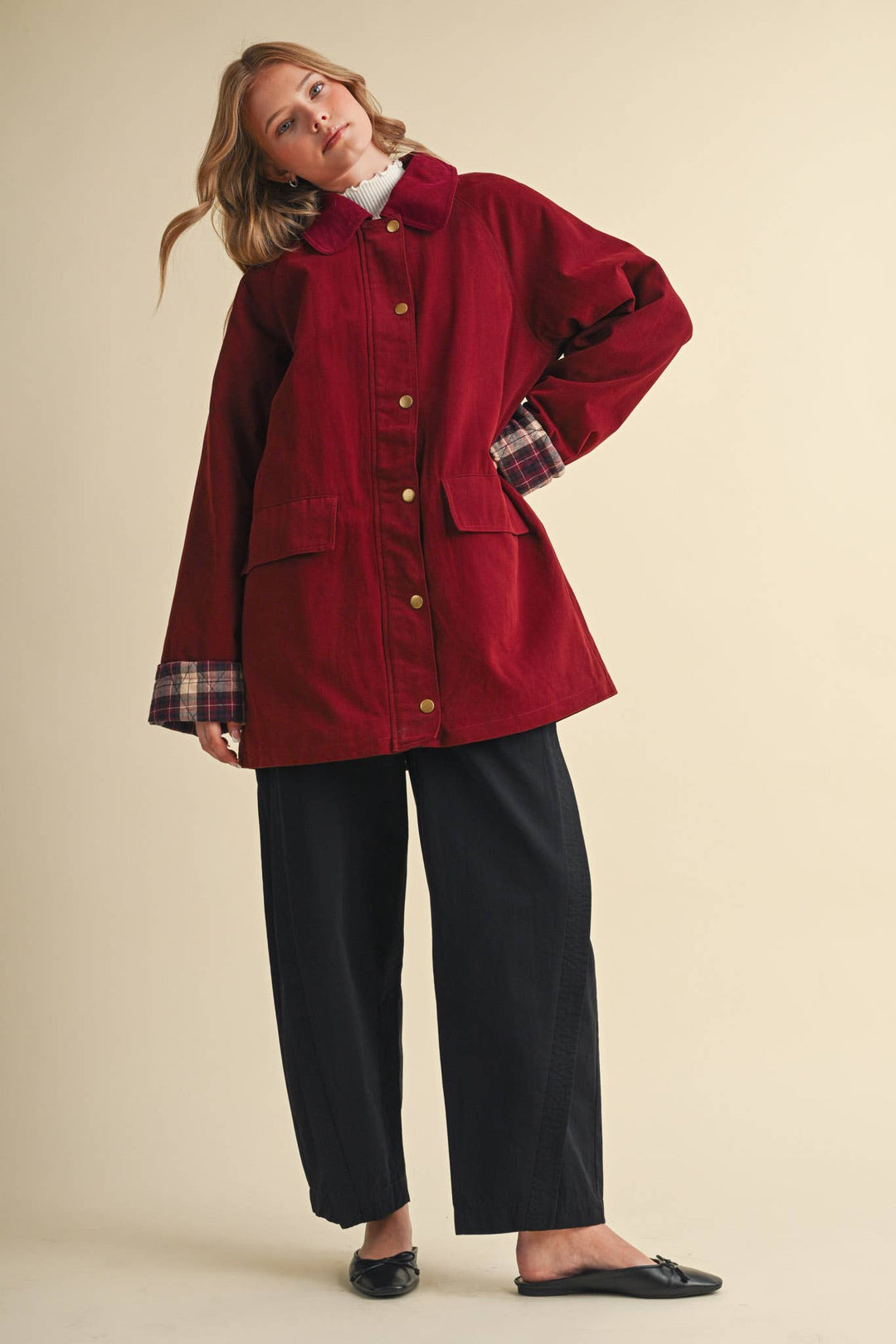 A-LINE BARN JACKET WITH CONTRAST PLAID MJK5253: Burgundy / M send a bouquet- the best flower delivery