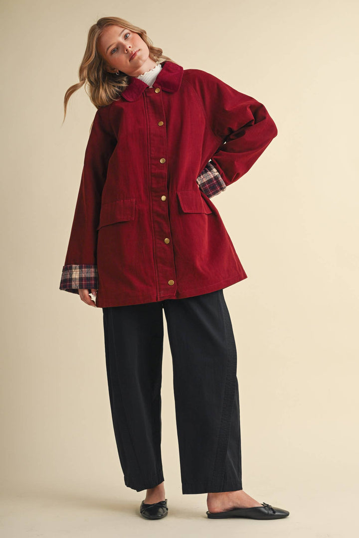 A-LINE BARN JACKET WITH CONTRAST PLAID MJK5253: Burgundy / M send a bouquet- the best flower delivery