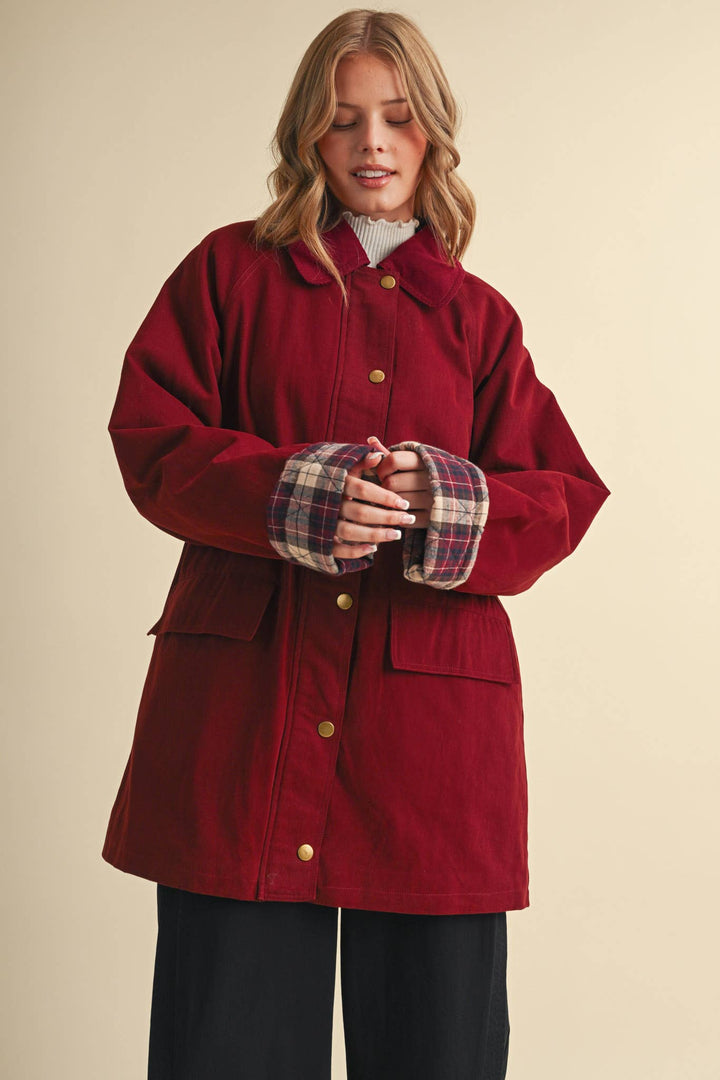 A-LINE BARN JACKET WITH CONTRAST PLAID MJK5253: Burgundy / M send a bouquet- the best flower delivery