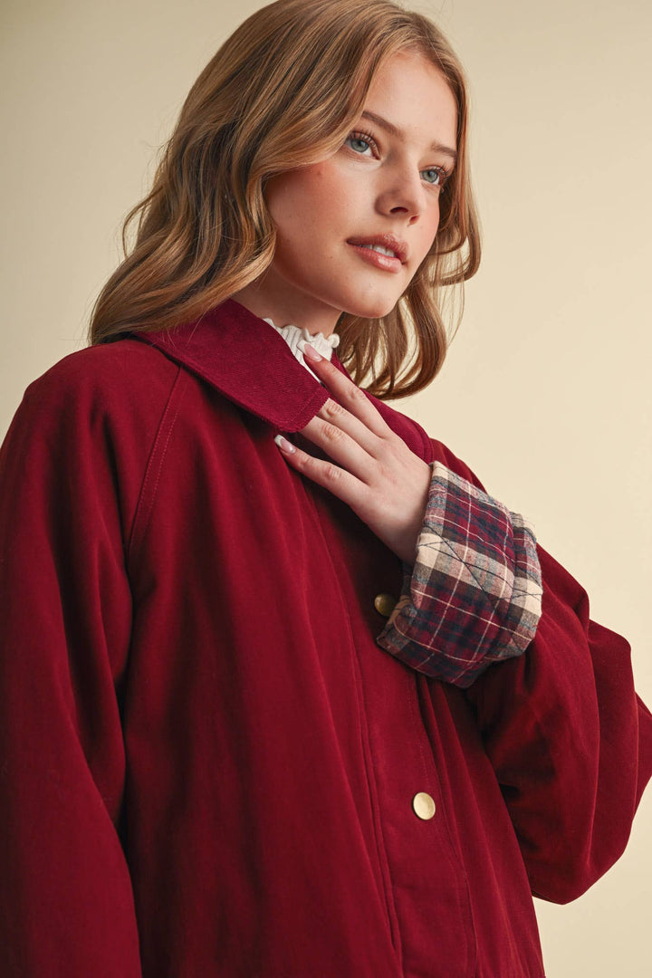 A-LINE BARN JACKET WITH CONTRAST PLAID MJK5253: Burgundy / M send a bouquet- the best flower delivery