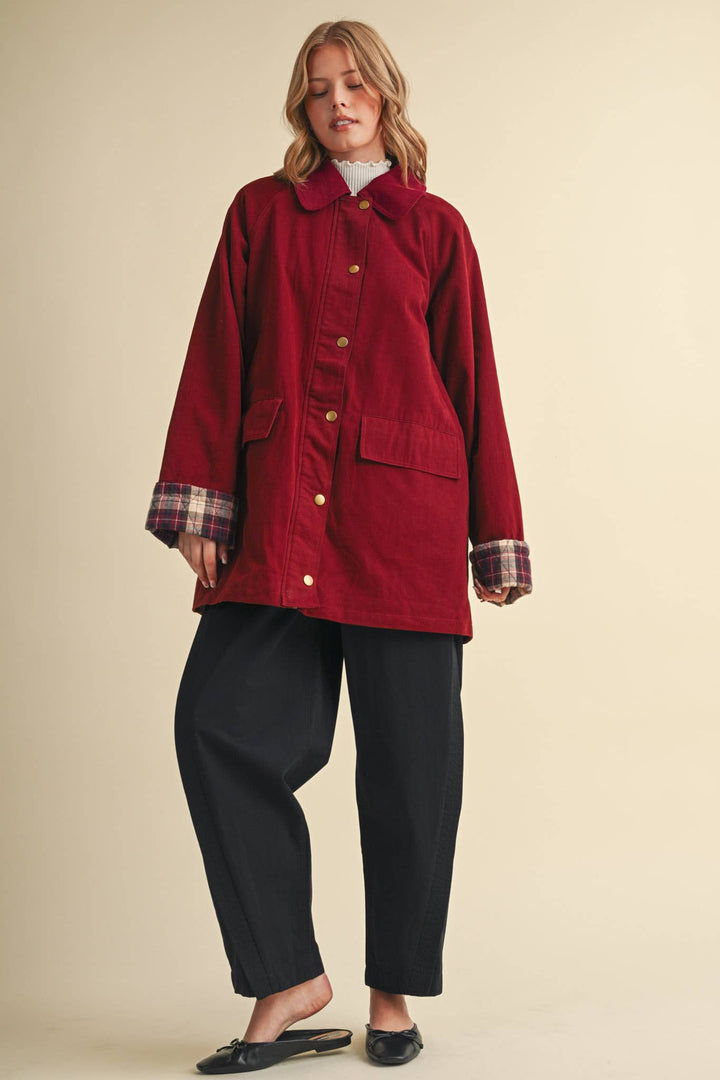 A-LINE BARN JACKET WITH CONTRAST PLAID MJK5253: Burgundy / M send a bouquet- the best flower delivery