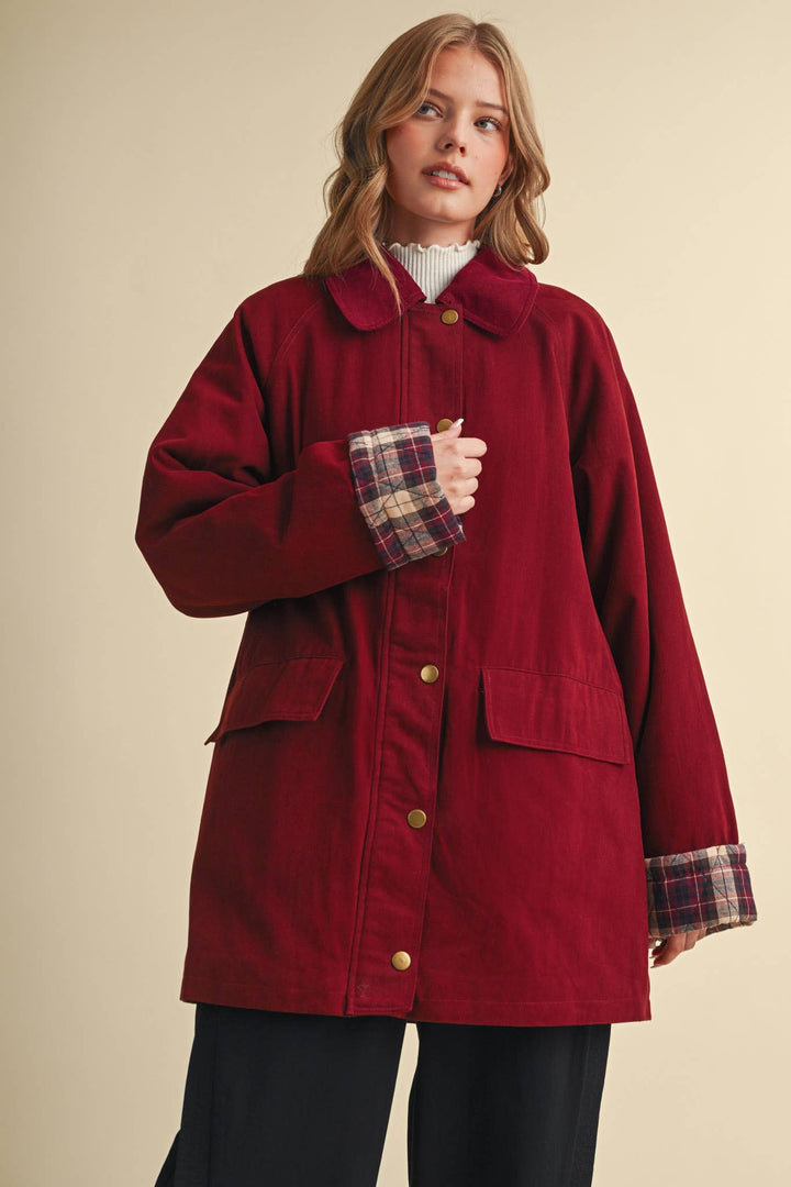A-LINE BARN JACKET WITH CONTRAST PLAID MJK5253: Burgundy / M send a bouquet- the best flower delivery