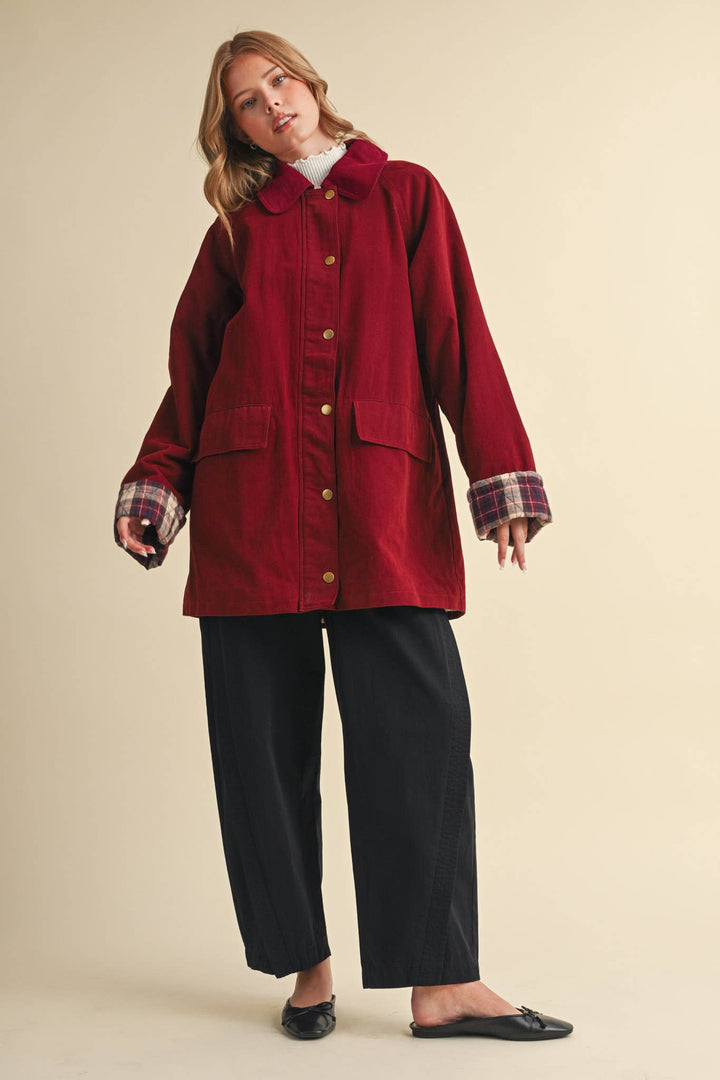A-LINE BARN JACKET WITH CONTRAST PLAID MJK5253: Burgundy / M send a bouquet- the best flower delivery