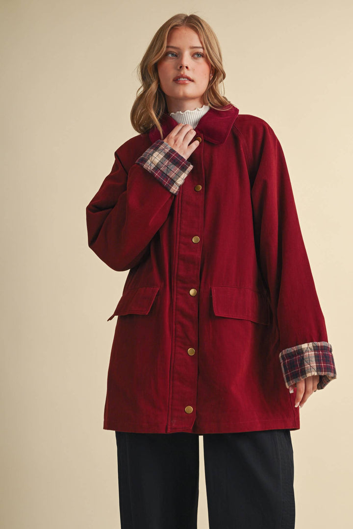 A-LINE BARN JACKET WITH CONTRAST PLAID MJK5253: Burgundy / S send a bouquet- the best flower delivery