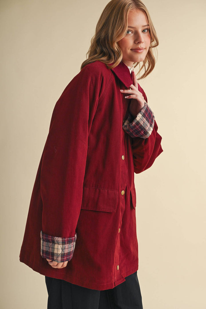 A-LINE BARN JACKET WITH CONTRAST PLAID MJK5253: Burgundy / S send a bouquet- the best flower delivery