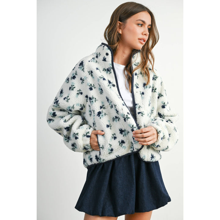 Floral Print Fluffy Fleece Jacket - BMJ7811: CREAM / KHAKI / S send a bouquet- the best flower delivery