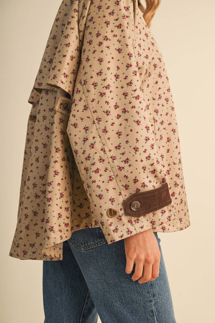 FLORAL A-LINE SWING JACKET WITH CONTRAST CORDUROY MJK5143: Beige / L send a bouquet- the best flower delivery