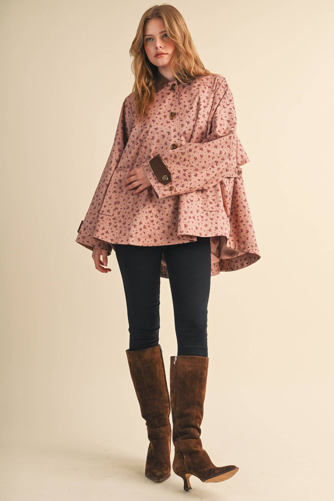 FLORAL A-LINE SWING JACKET WITH CONTRAST CORDUROY MJK5143: Beige / L send a bouquet- the best flower delivery