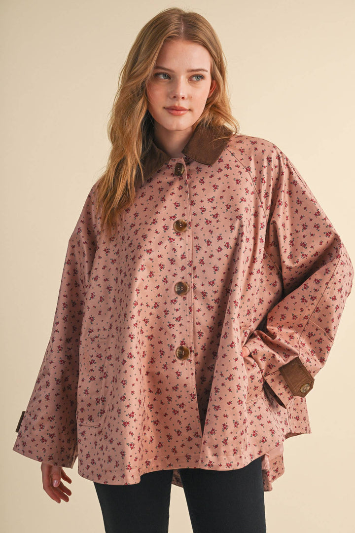 FLORAL A-LINE SWING JACKET WITH CONTRAST CORDUROY MJK5143: Beige / L send a bouquet- the best flower delivery