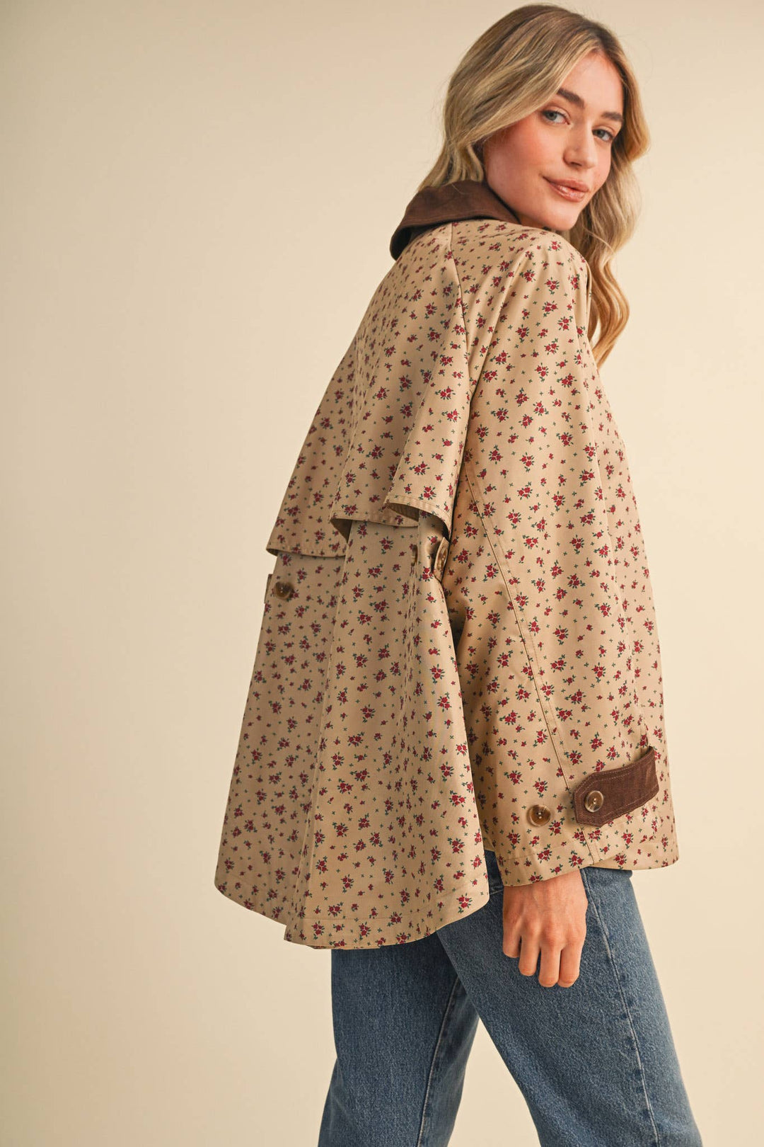 FLORAL A-LINE SWING JACKET WITH CONTRAST CORDUROY MJK5143: Beige / L send a bouquet- the best flower delivery