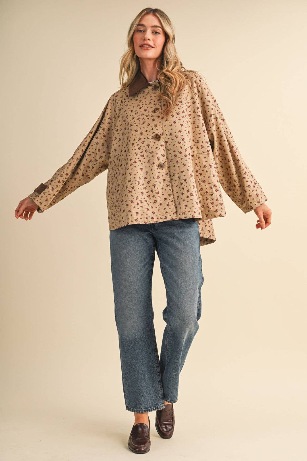 FLORAL A-LINE SWING JACKET WITH CONTRAST CORDUROY MJK5143: Beige / M send a bouquet- the best flower delivery