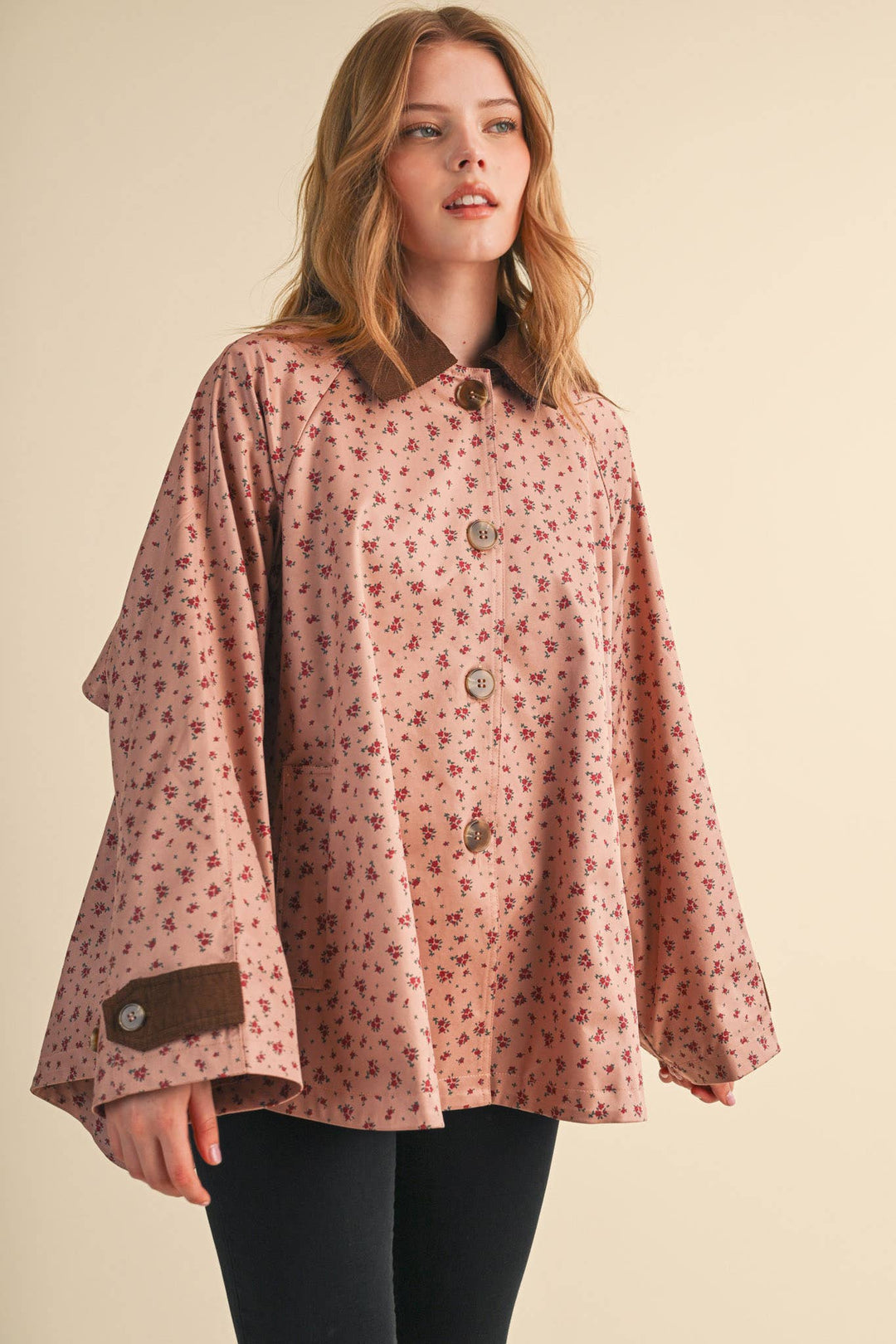FLORAL A-LINE SWING JACKET WITH CONTRAST CORDUROY MJK5143: Beige / M send a bouquet- the best flower delivery