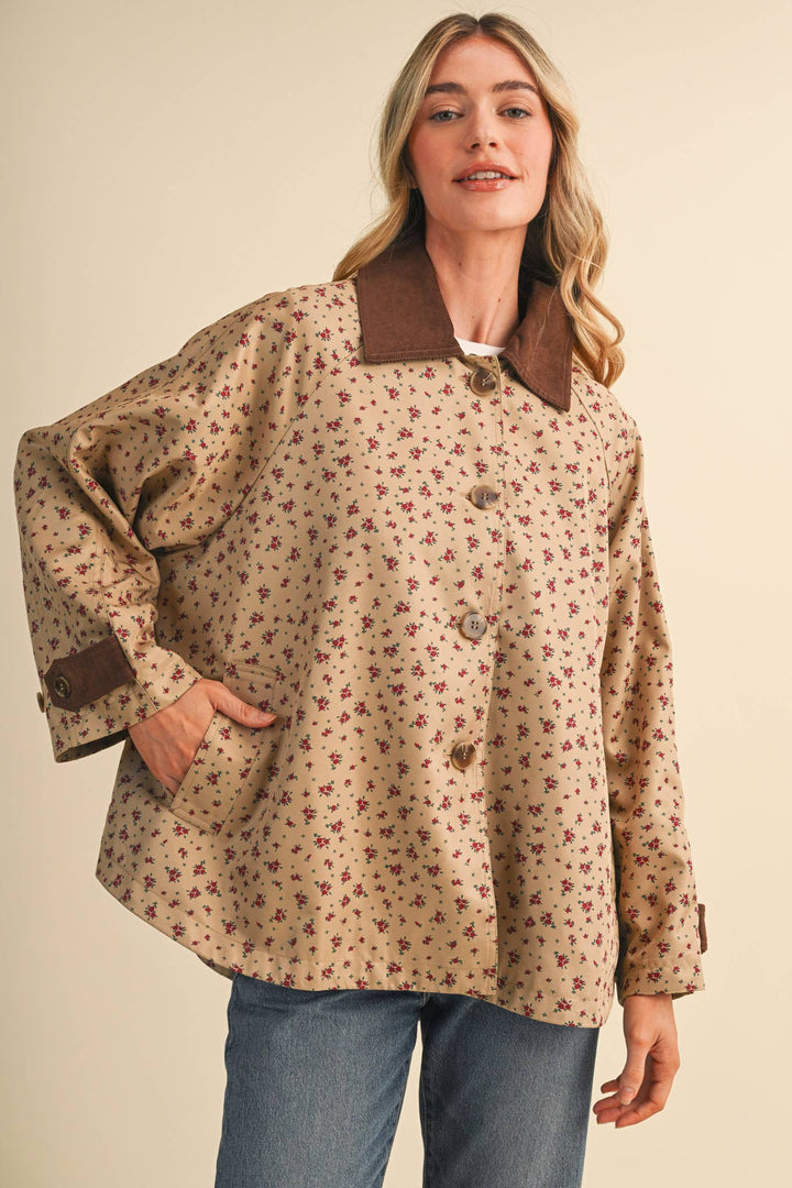 FLORAL A-LINE SWING JACKET WITH CONTRAST CORDUROY MJK5143: Beige / S send a bouquet- the best flower delivery