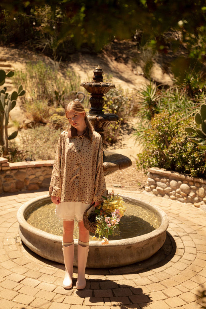FLORAL A-LINE SWING JACKET WITH CONTRAST CORDUROY MJK5143: Beige / S send a bouquet- the best flower delivery