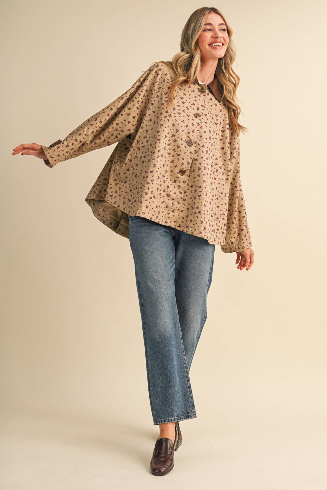 FLORAL A-LINE SWING JACKET WITH CONTRAST CORDUROY MJK5143: Beige / S send a bouquet- the best flower delivery