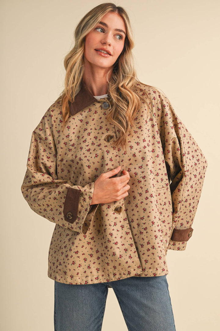 FLORAL A-LINE SWING JACKET WITH CONTRAST CORDUROY MJK5143: Beige / S send a bouquet- the best flower delivery