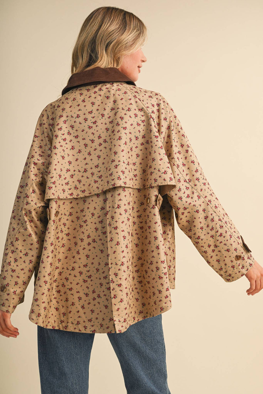 FLORAL A-LINE SWING JACKET WITH CONTRAST CORDUROY MJK5143: Beige / S send a bouquet- the best flower delivery