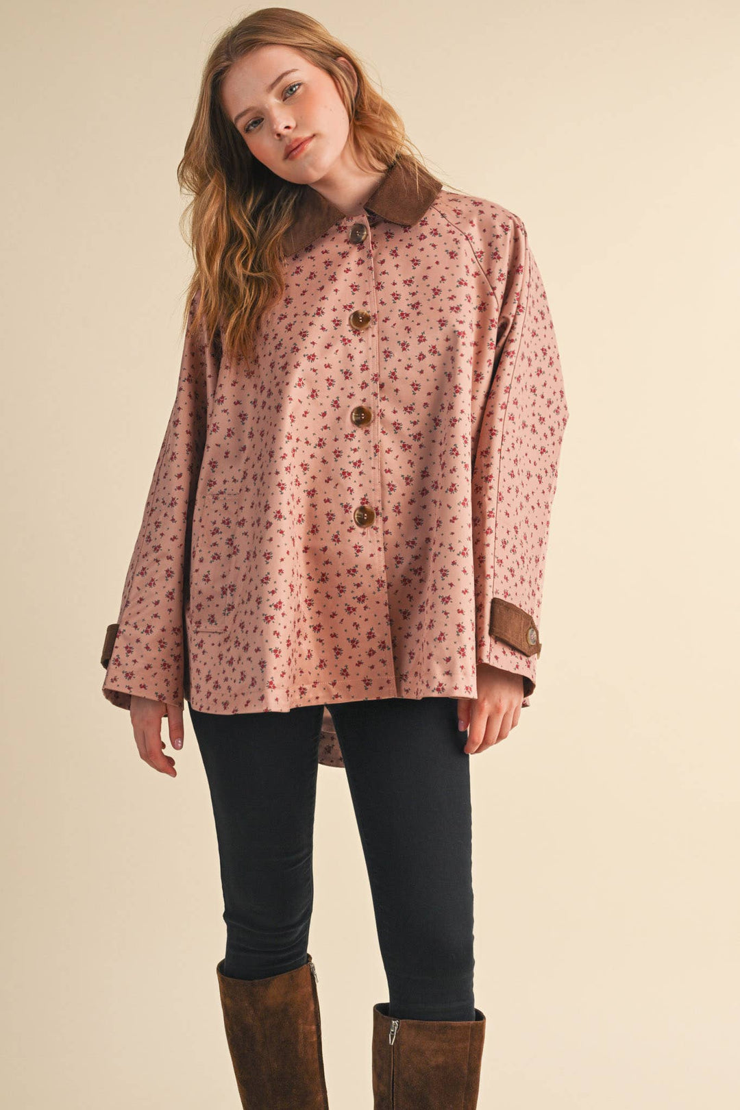 FLORAL A-LINE SWING JACKET WITH CONTRAST CORDUROY MJK5143: Beige / S send a bouquet- the best flower delivery