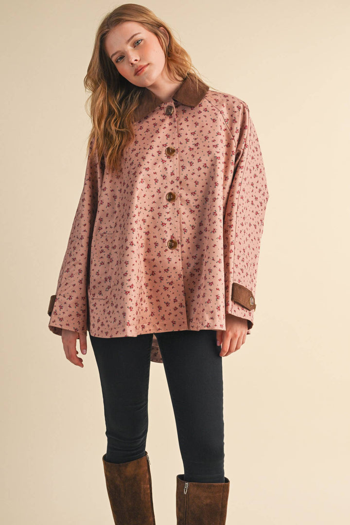 FLORAL A-LINE SWING JACKET WITH CONTRAST CORDUROY MJK5143: Beige / S send a bouquet- the best flower delivery