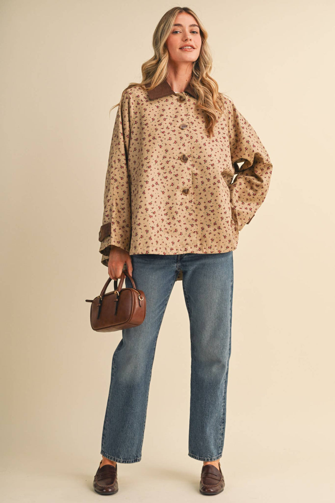FLORAL A-LINE SWING JACKET WITH CONTRAST CORDUROY MJK5143: Beige / S send a bouquet- the best flower delivery