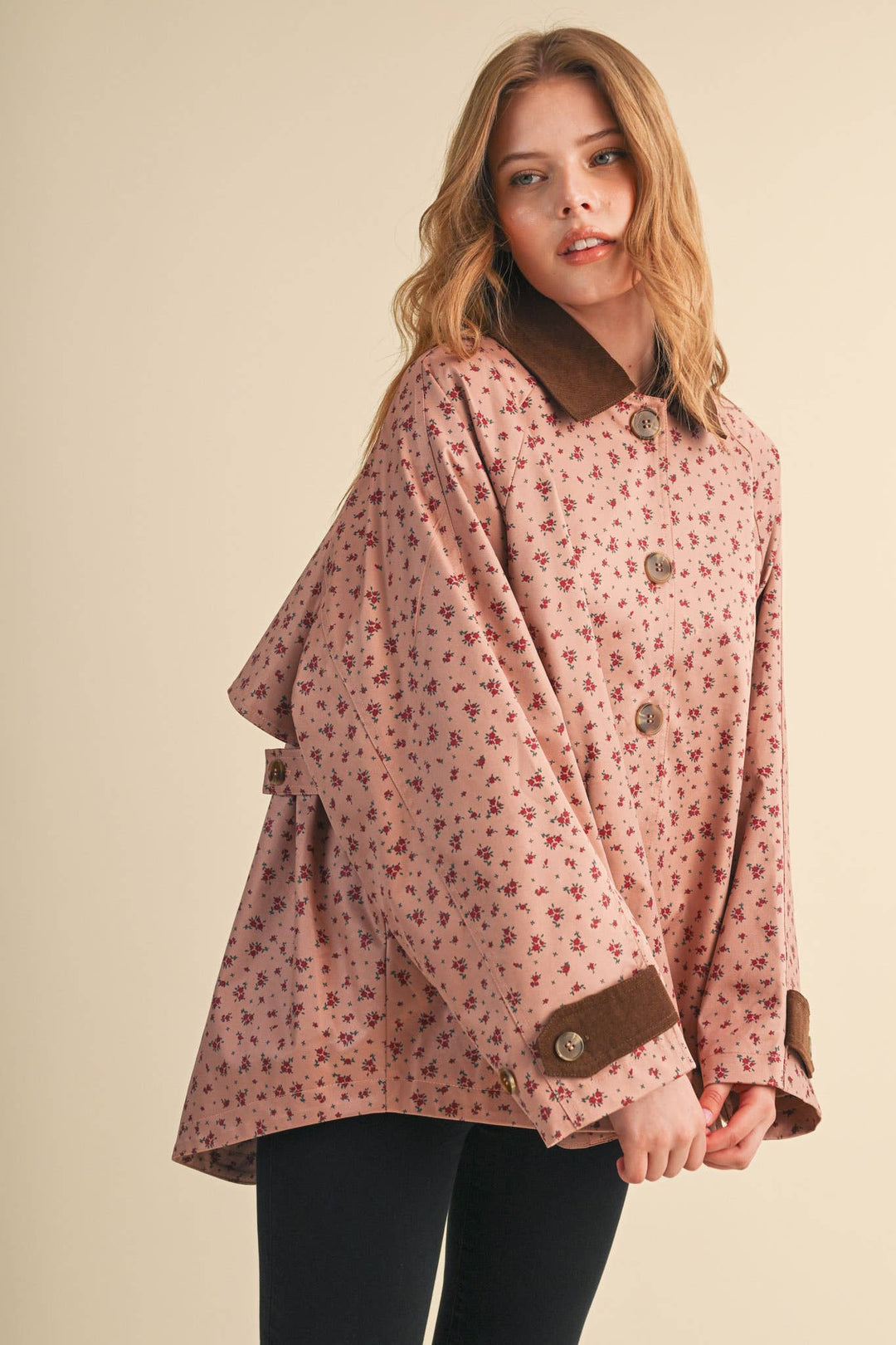 FLORAL A-LINE SWING JACKET WITH CONTRAST CORDUROY MJK5143: Beige / S send a bouquet- the best flower delivery