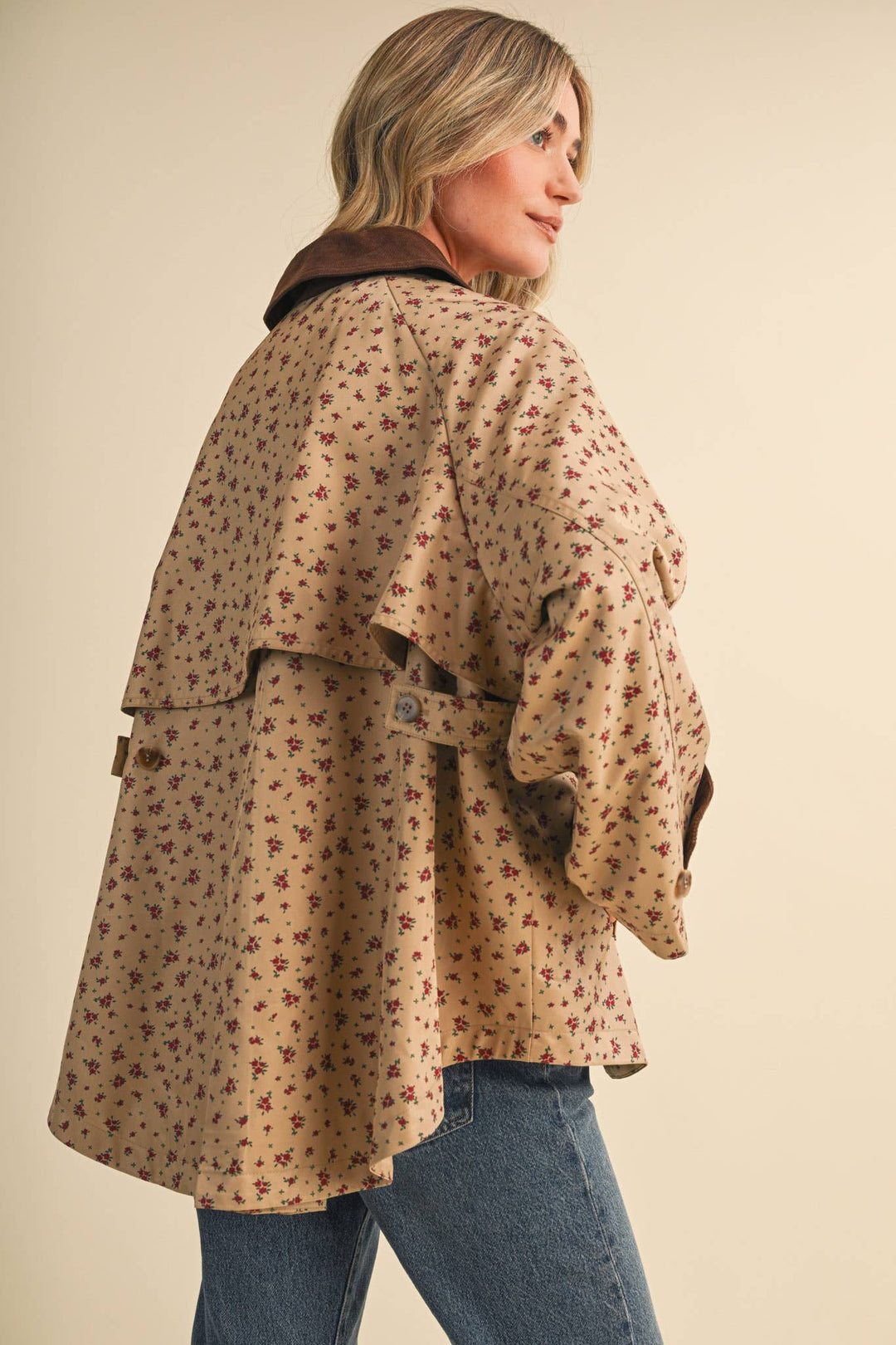 FLORAL A-LINE SWING JACKET WITH CONTRAST CORDUROY MJK5143: Beige / S send a bouquet- the best flower delivery