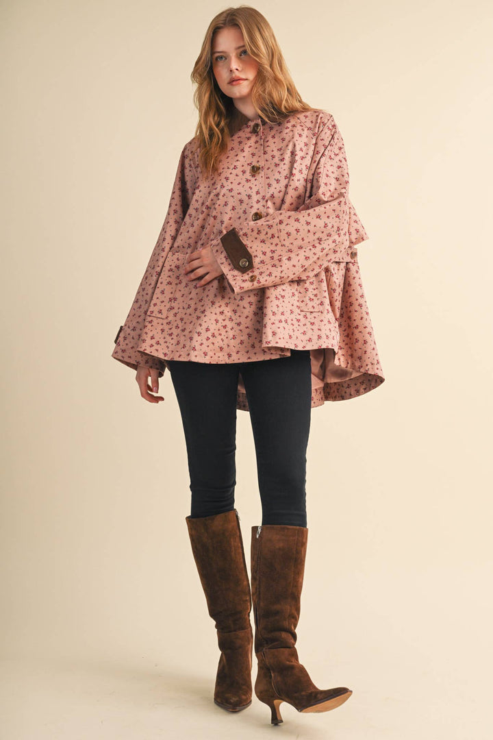 FLORAL A-LINE SWING JACKET WITH CONTRAST CORDUROY MJK5143: Beige / S send a bouquet- the best flower delivery