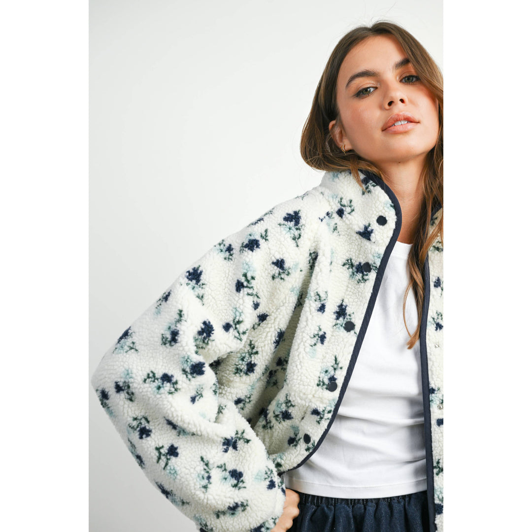 Floral Print Fluffy Fleece Jacket - BMJ7811: CREAM / KHAKI / L send a bouquet- the best flower delivery