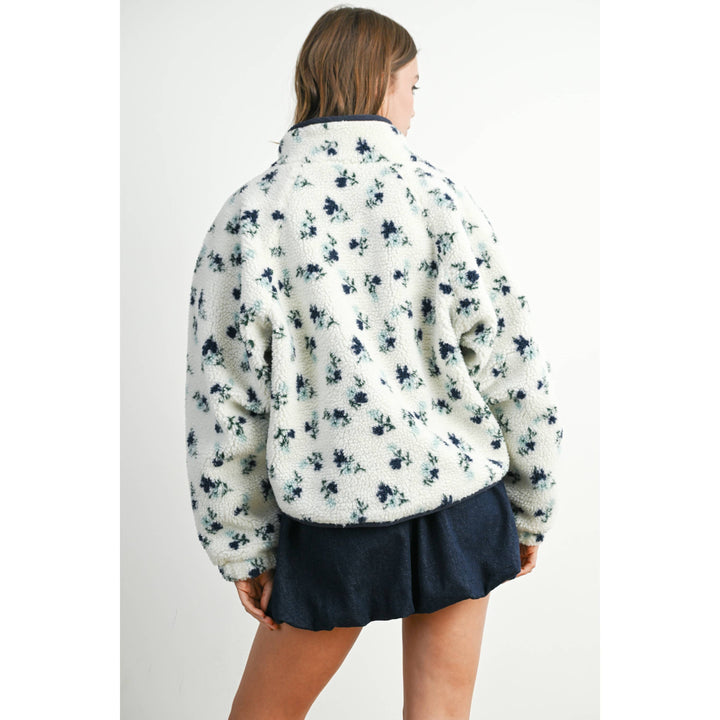 Floral Print Fluffy Fleece Jacket - BMJ7811: CREAM / KHAKI / L send a bouquet- the best flower delivery