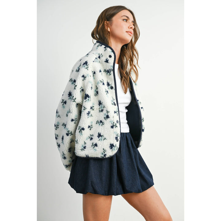 Floral Print Fluffy Fleece Jacket - BMJ7811: CREAM / KHAKI / L send a bouquet- the best flower delivery