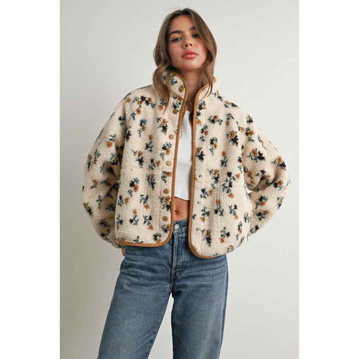 Floral Print Fluffy Fleece Jacket - BMJ7811: CREAM / KHAKI / L send a bouquet- the best flower delivery