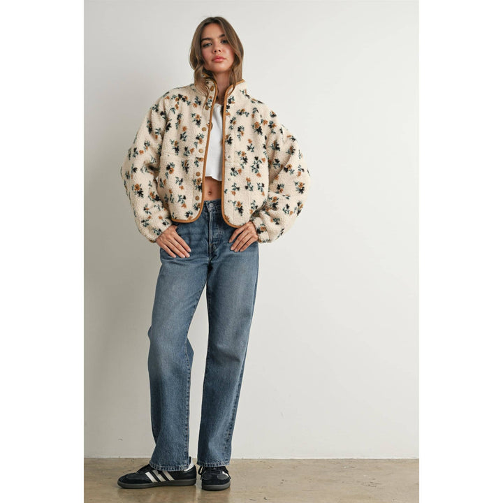 Floral Print Fluffy Fleece Jacket - BMJ7811: CREAM / KHAKI / L send a bouquet- the best flower delivery