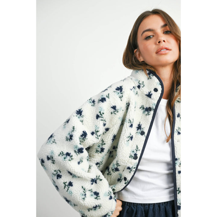 Floral Print Fluffy Fleece Jacket - BMJ7811: CREAM / KHAKI / M send a bouquet- the best flower delivery