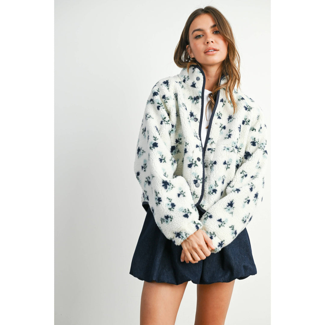 Floral Print Fluffy Fleece Jacket - BMJ7811: CREAM / KHAKI / M send a bouquet- the best flower delivery