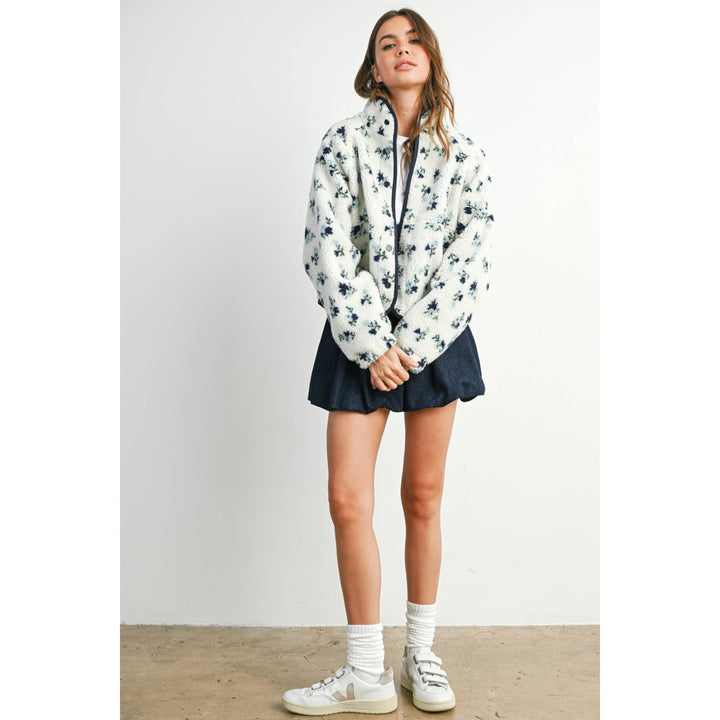 Floral Print Fluffy Fleece Jacket - BMJ7811: CREAM / KHAKI / M send a bouquet- the best flower delivery