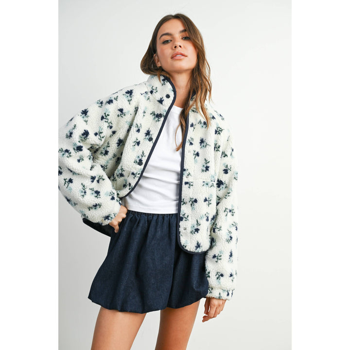 Floral Print Fluffy Fleece Jacket - BMJ7811: CREAM / KHAKI / M send a bouquet- the best flower delivery