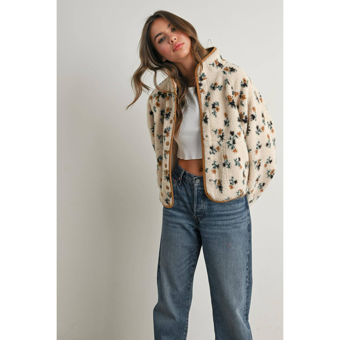 Floral Print Fluffy Fleece Jacket - BMJ7811: CREAM / KHAKI / M send a bouquet- the best flower delivery